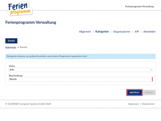 Ferienprogramm Kategorie speichern