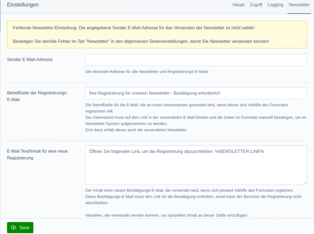 Einstellungen Newsletter